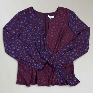 NWT Parker Cobalt Leopard Blouse Keyhole-Neck Long Sleeve Peplum Top Size Lrg